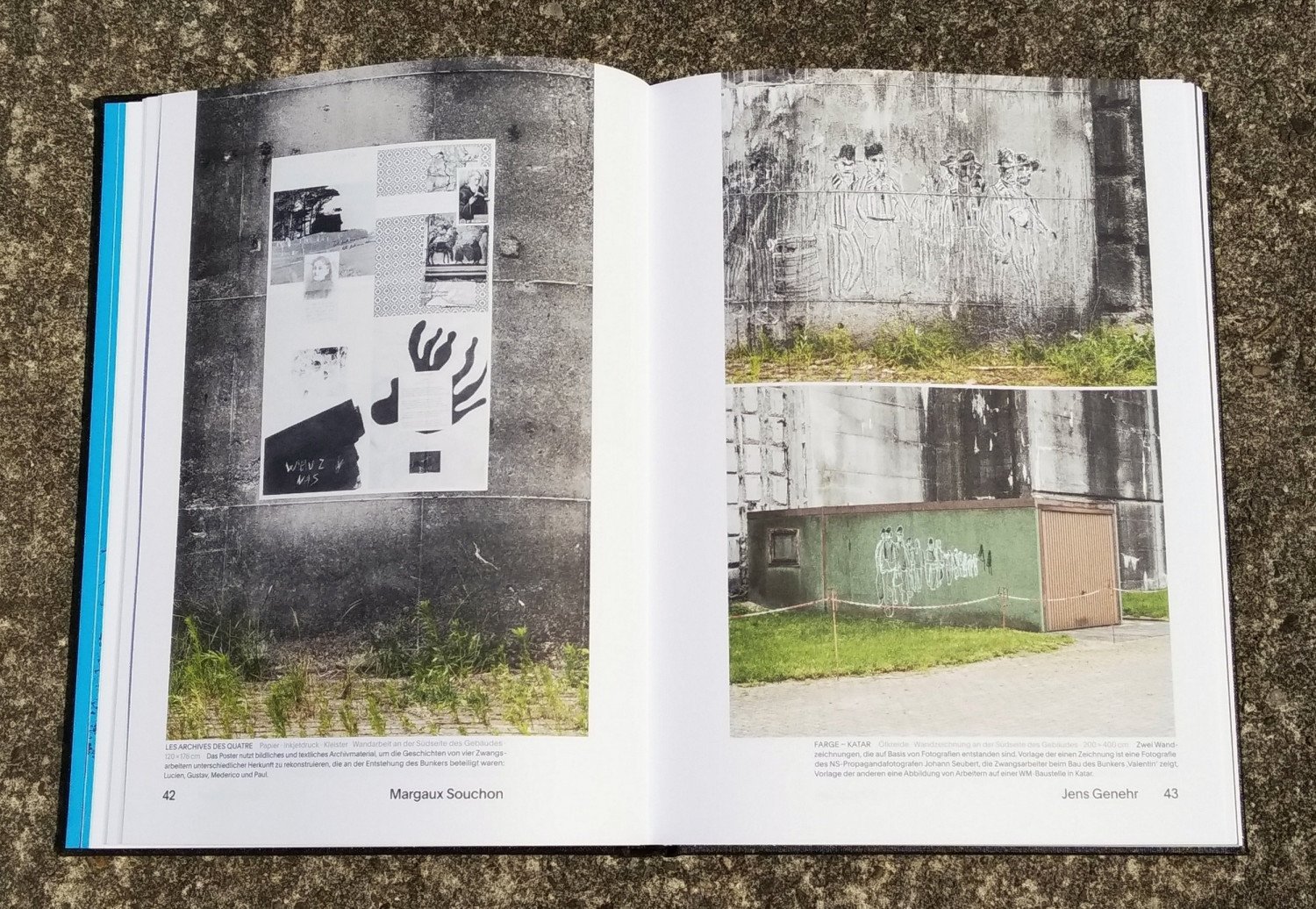 Buch „Re:BUNKER“ mit Fotos von Kunstwerken an den Wänden eines Bunkers. 