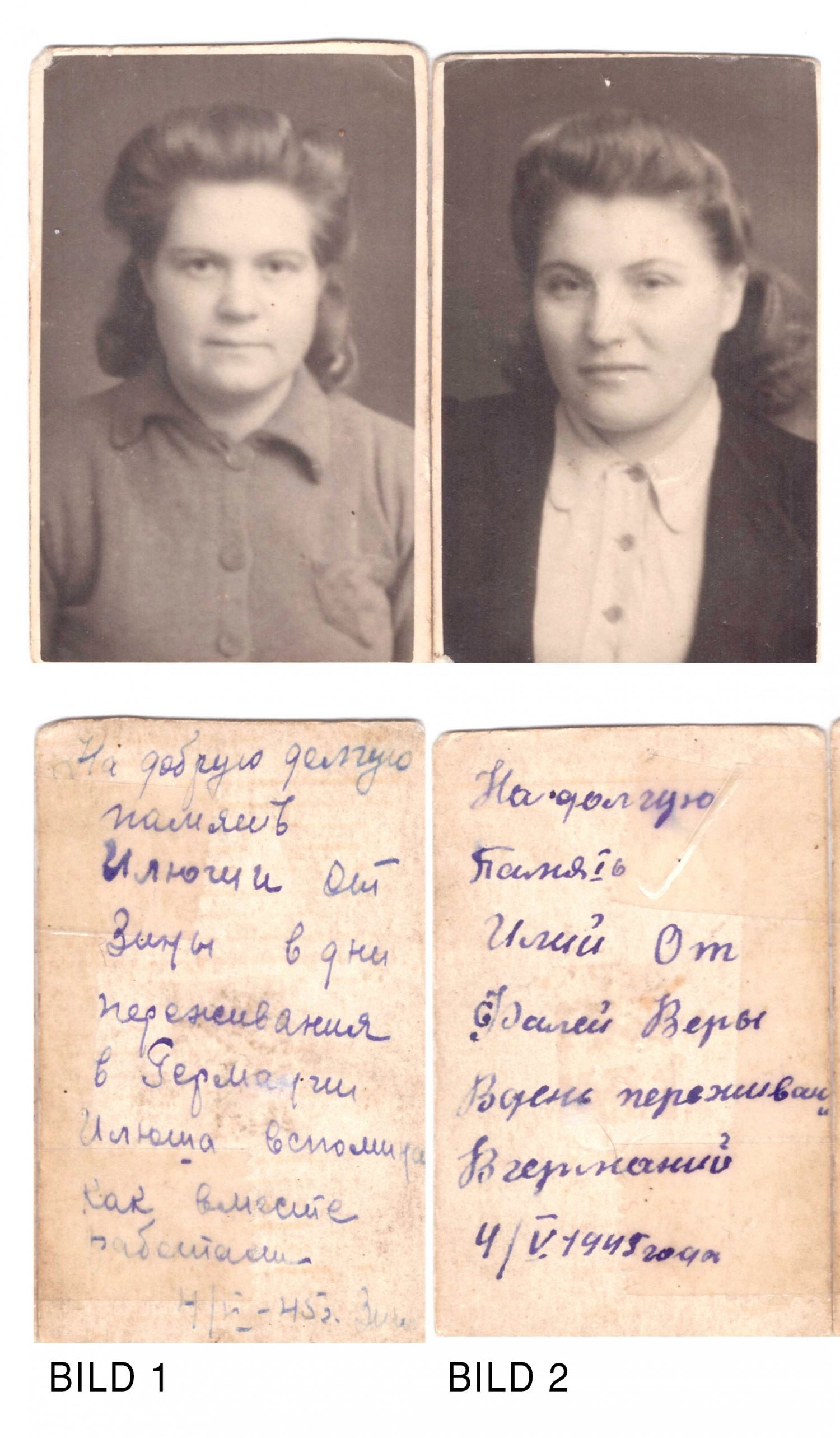 Portraits der Frauen mit handschriftlichen Notizen in kyrillischen Schriftzeichen. 