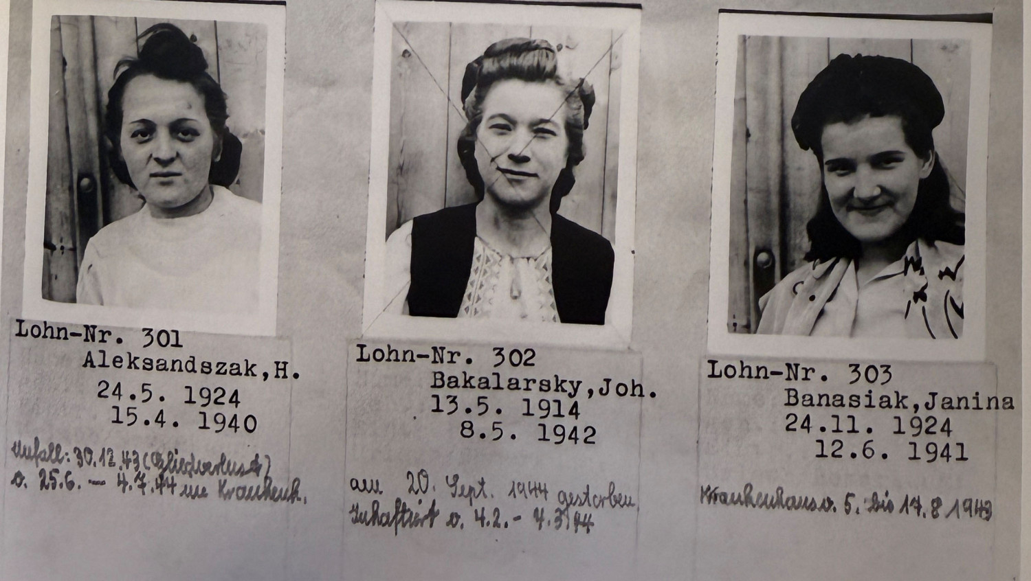 Passfotos von Frauen, jeweils mit Name und Geburtsdatum darunter. Handschriftliche Notizen zu Gesundheit, Inhaftierung, Sterbedatum. 