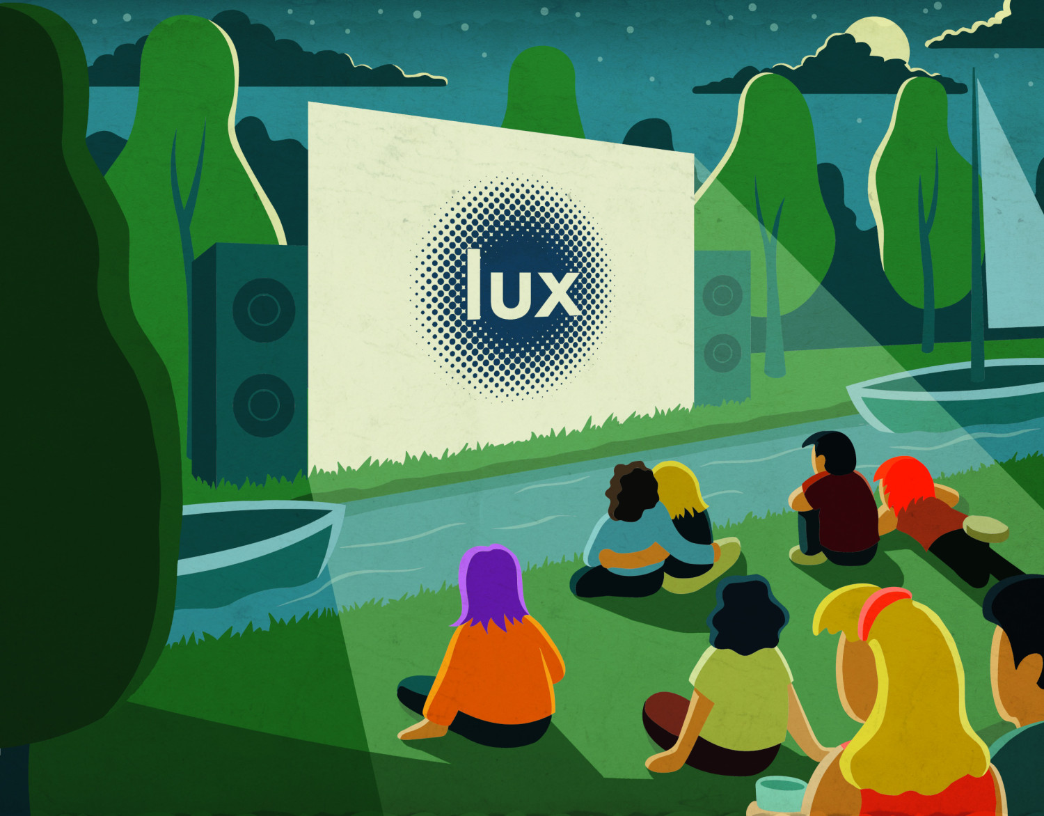 Es handelt sich um eine Zeichnung: Menschen sitzen auf einer Wiese vor einer Leinwand, die das Logo 'lux' zeigt, umgeben von Bäumen und einem nächtlichen Himmel. 