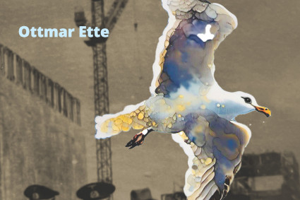 Das Bild zeigt das Buchcover des Romans »Wunder Bunker« von Ottmar Ette. Im Hintergrund ist eine historische Schwarz-Weiß-Fotografie zu sehen: Mehrere Männer in dunklen Mänteln und Uniformen gehen nebeneinander über eine Baustelle; im Hintergrund erhebt sich ein massiver Betonbau mit einem Baukran. Die Personen wirken unscharf und anonym, ihre Gesichter sind nur schemenhaft erkennbar.<br />
Im Vordergrund fliegt eine groß dargestellte, farbig illustrierte Silbermöwe von rechts nach links durch das Bild. Ihr Gefieder ist in Blau-, Grau-, Gelb- und Weißtönen gestaltet und hebt sich deutlich vom monochromen Hintergrund ab.<br />
Oben links steht der Name des Autors „Ottmar Ette“. Unten in großen gelben Buchstaben ist der Titel „WUNDER BUNKER“ zu lesen. Links unten befindet sich das Verlagslogo „kadmos“.