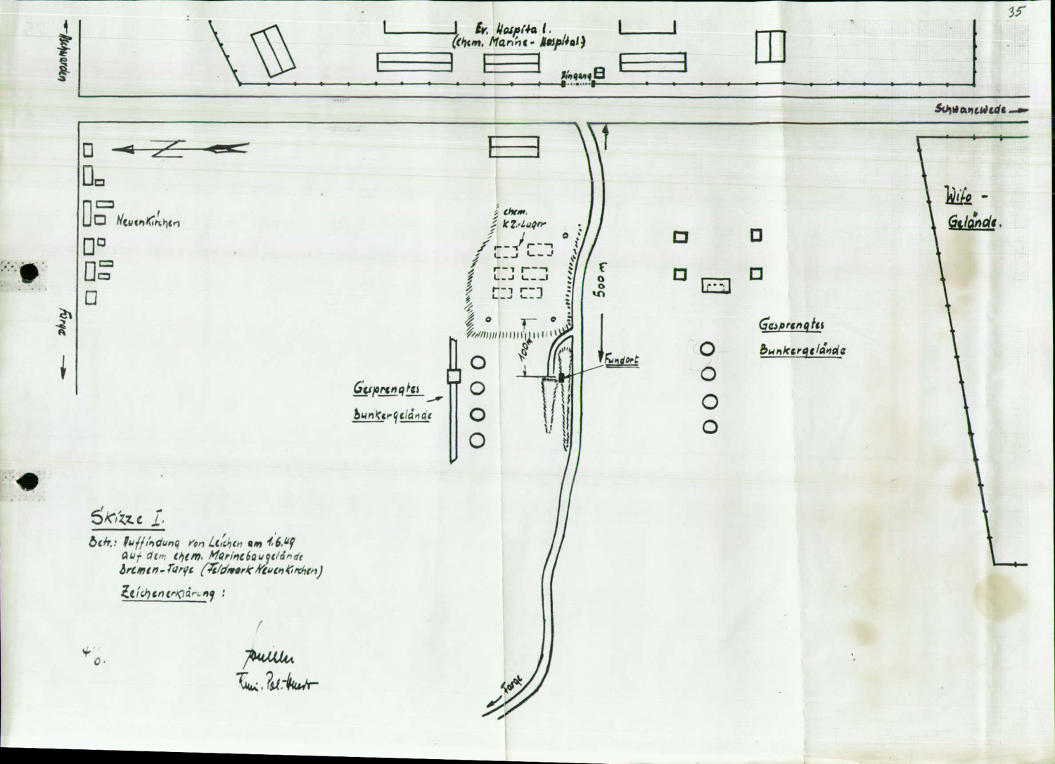 Abgebildet ist ein händisch angefertigter Lageplan der Fundorte aller Exhumierungen.  