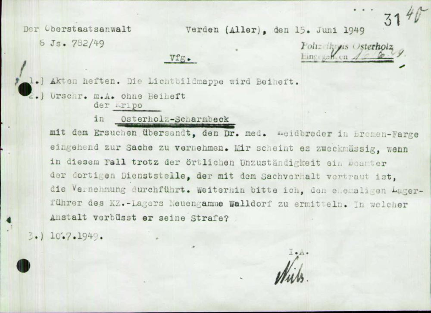 Gezeigt wird ein mit Schreibmaschine erstelltes Dokument. Der Oberstaatsanwalt schreibt an die Kripo in Osterholz-Scharmbeck.  