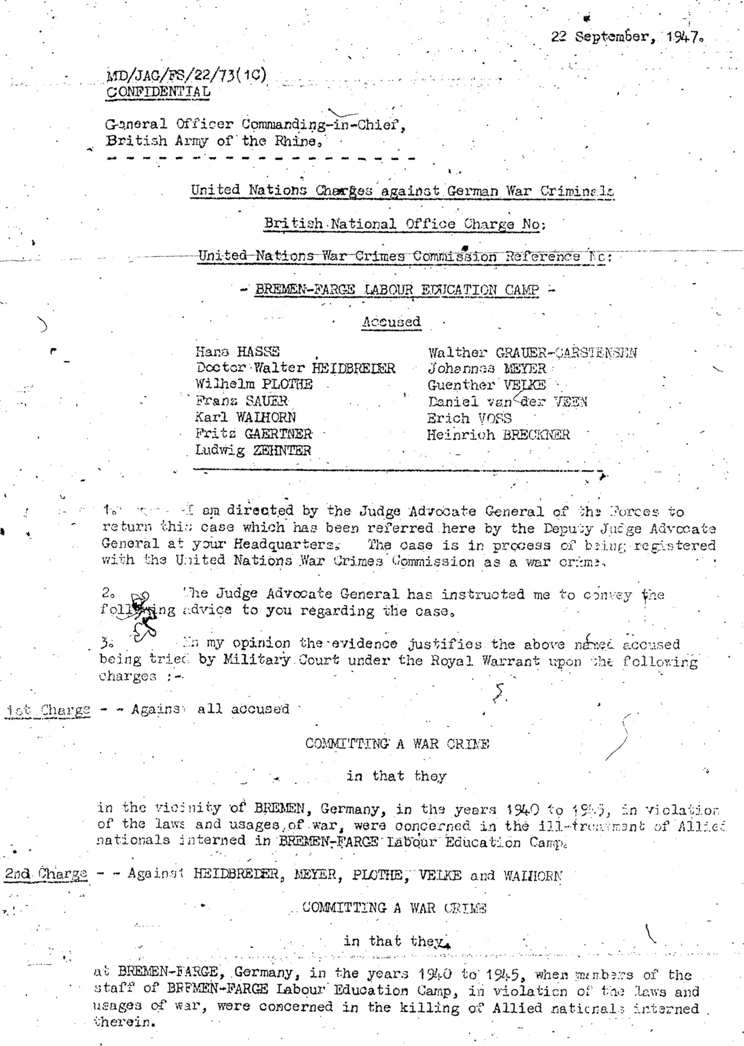 Abgebildet ist ein mit Schreibmaschine geschriebenes Dokument.  