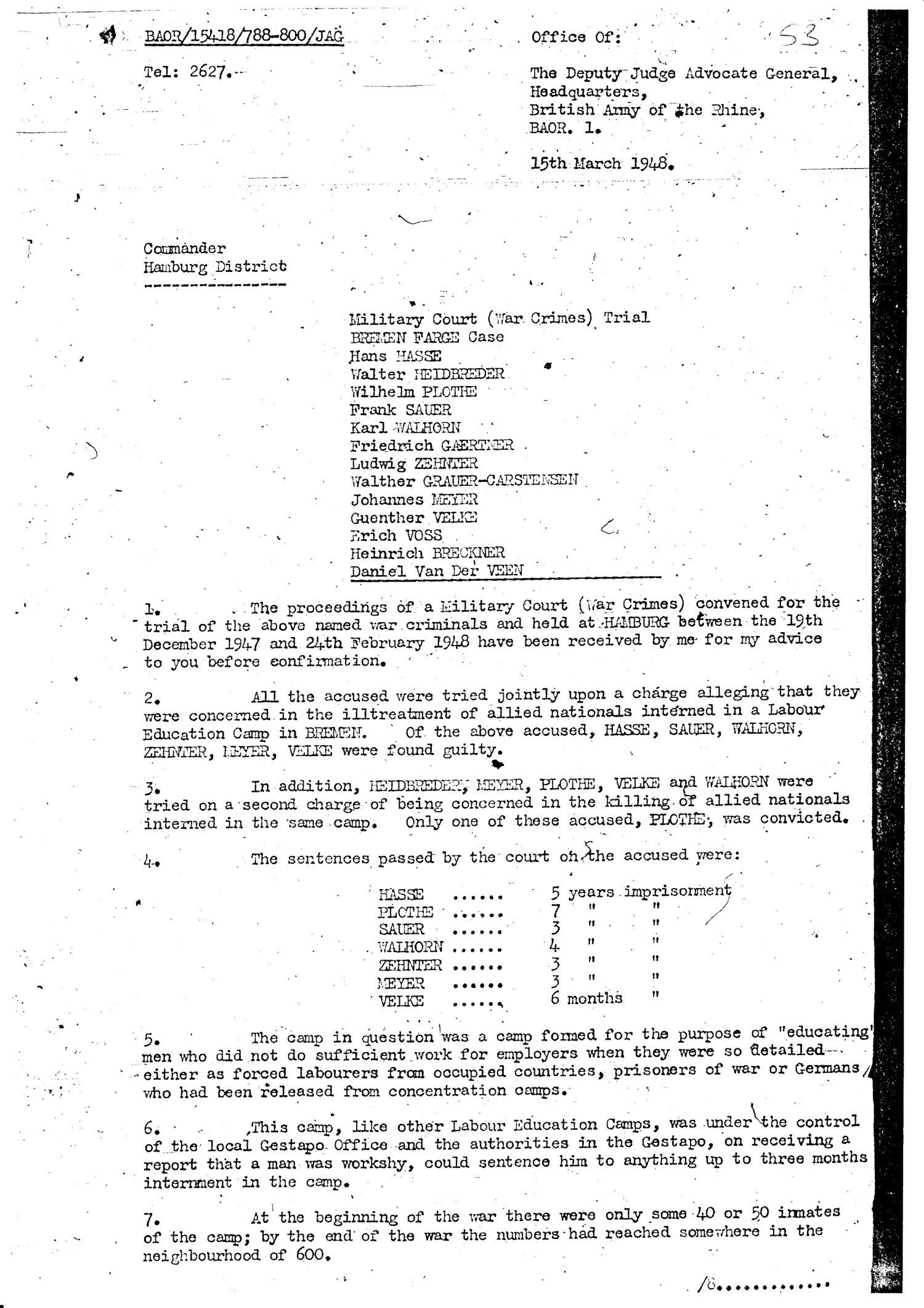 Abgebildet ist ein mit Schreibmaschine geschriebenes Dokument.  