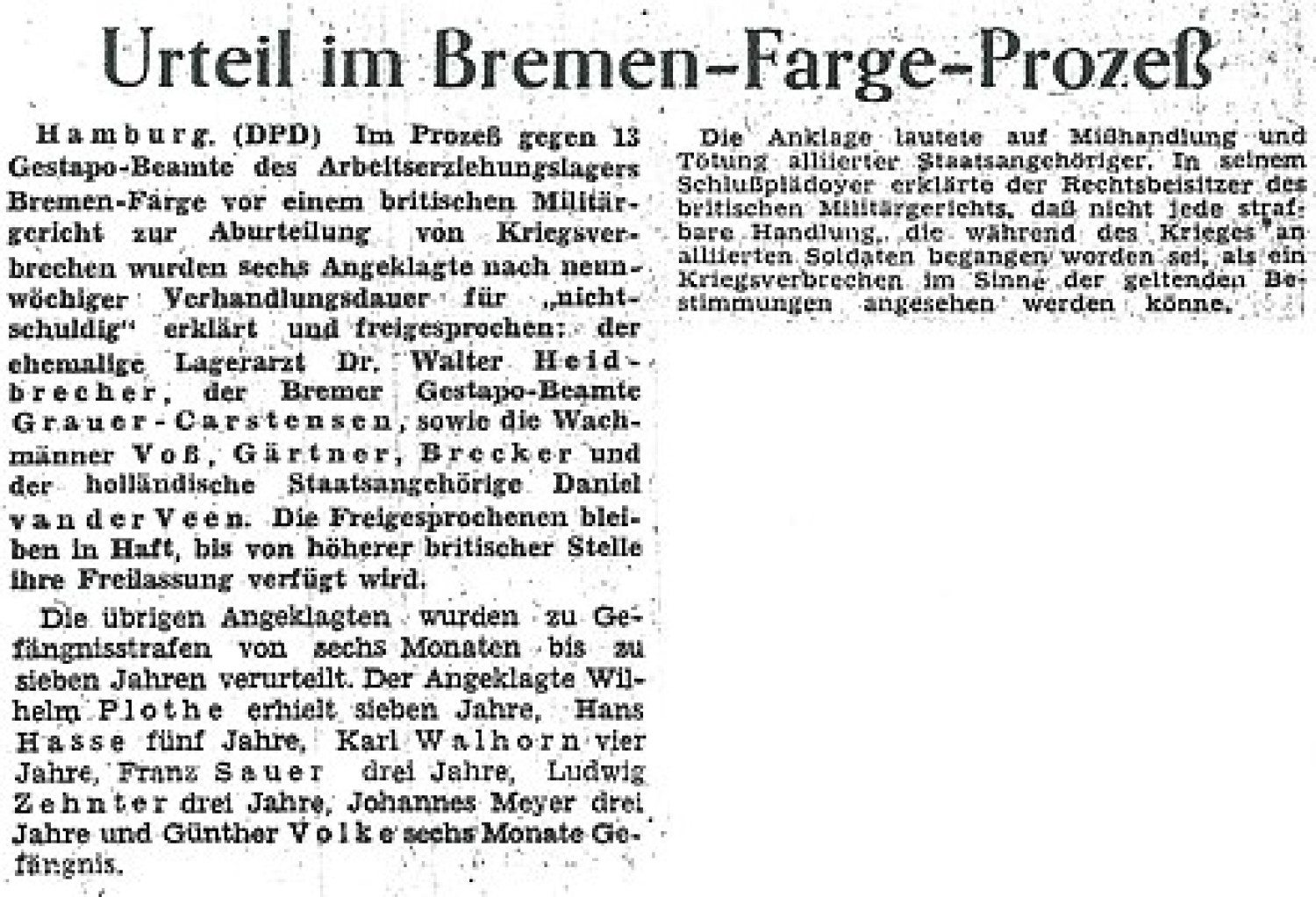 Abgebildet ist ein Zeitungsausschnitt über die Urteilsverkündungen im Prozess Bremen-Farge.  