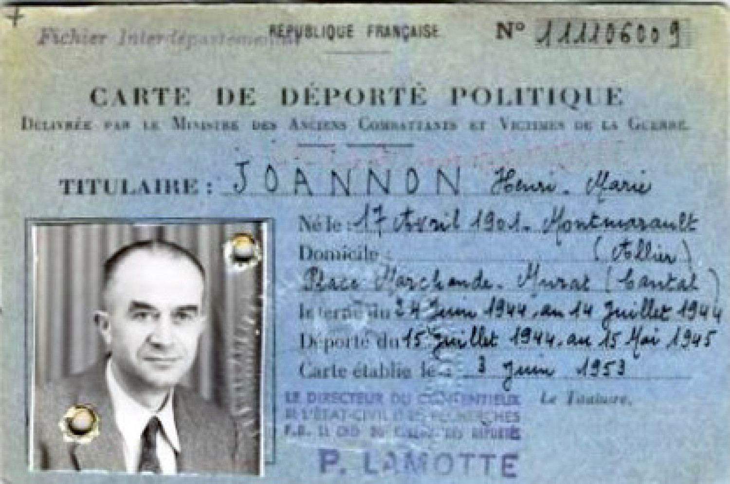 Gezeigt wird eine Karte, auf französisch verfasst. Sie beinhaltet Informationen über Henri Joannon. 