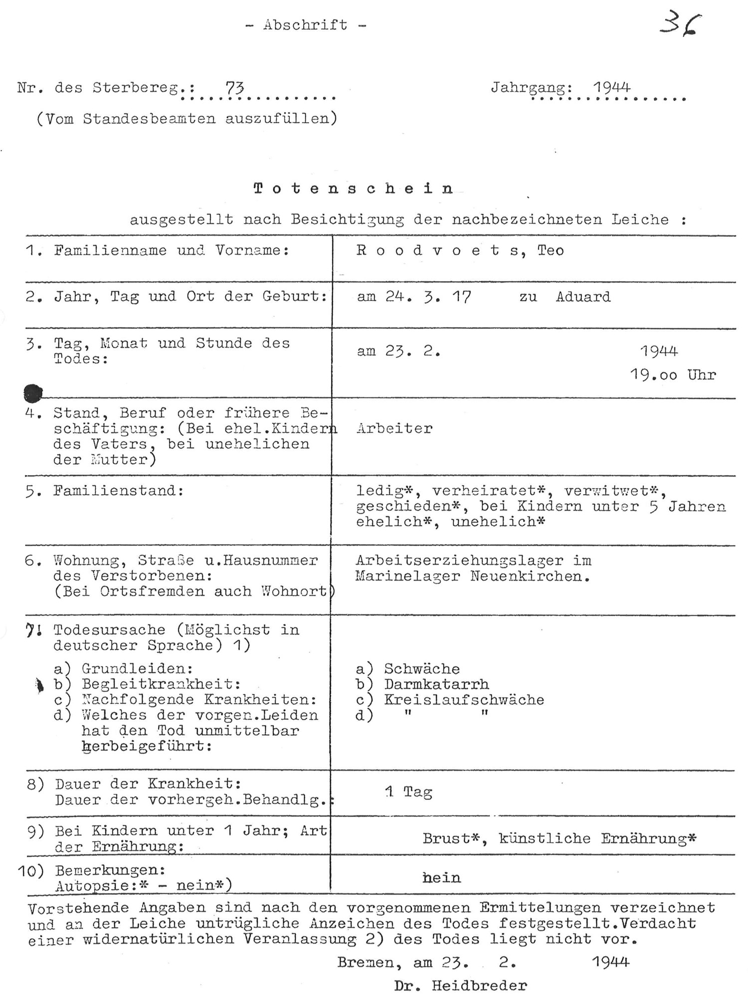 Abgebildet ist ein mit Schreibmaschine erstelltes Dokument. 