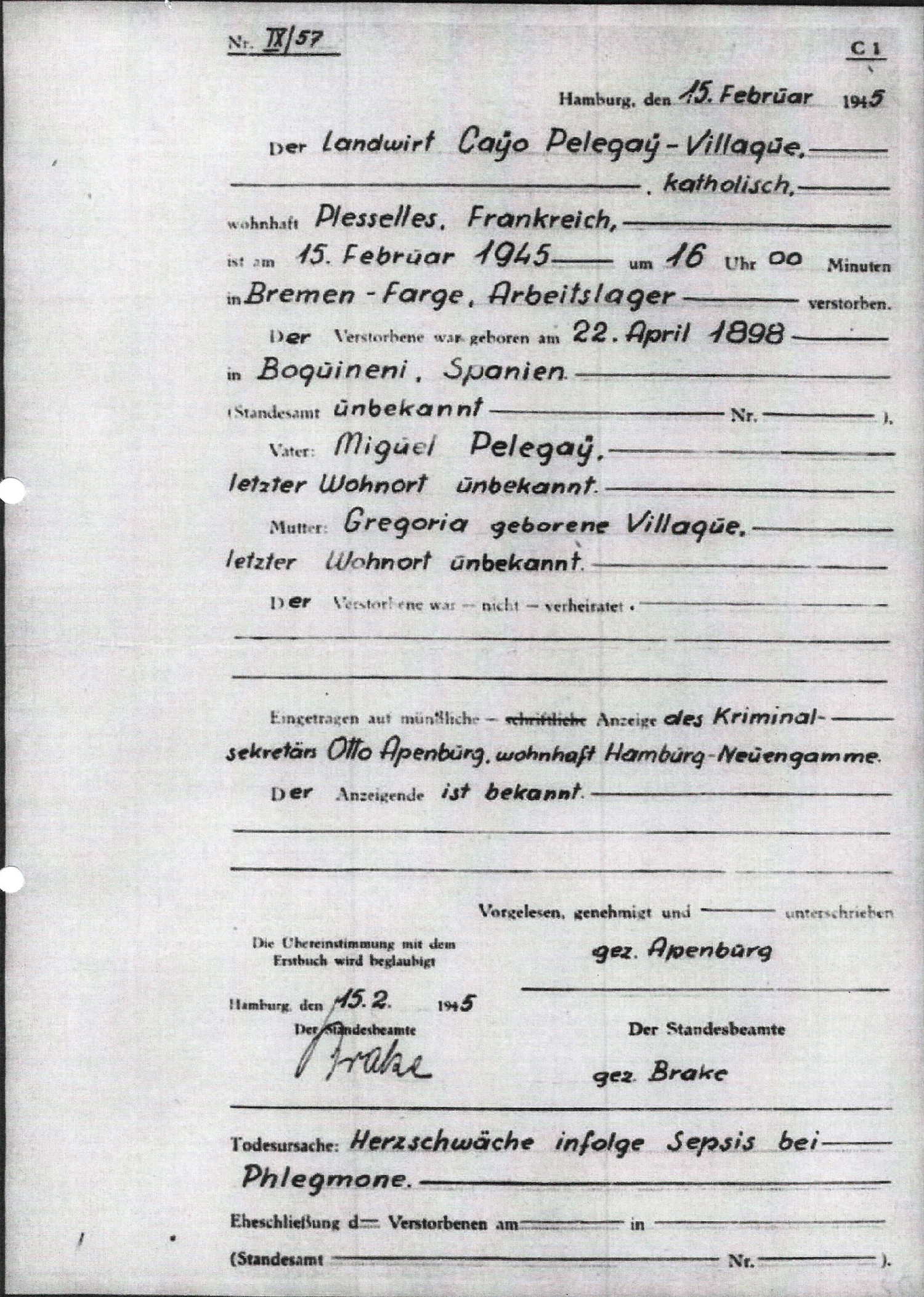 Hier wird der Totenschein von Cayo gezeigt. Als Todesursache wird "Herzschwäche" angegeben.  Weitere Informationen zum Bild finden Sie im Transkript des Bildes