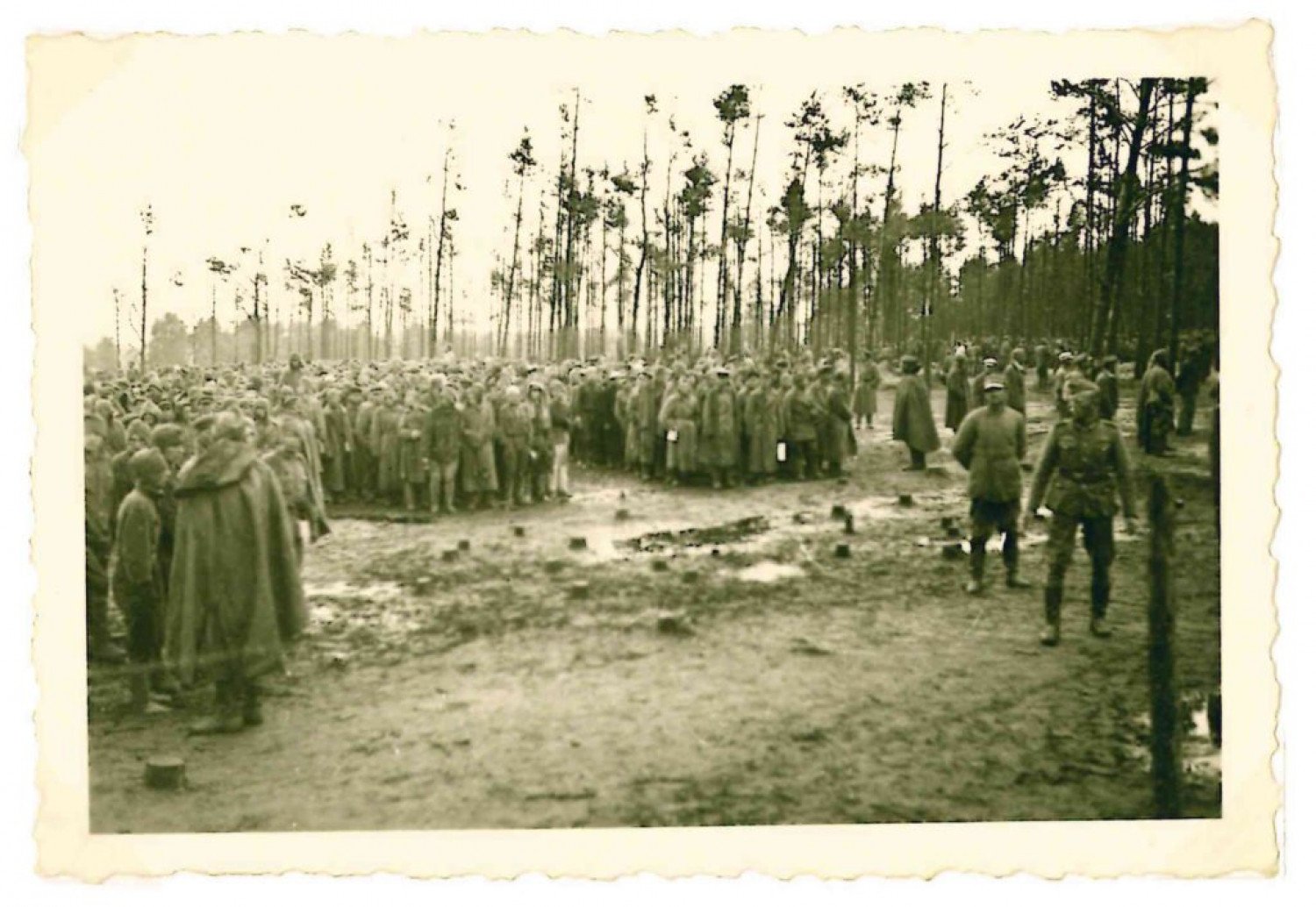 Abgebildet wird eine schwarz-weiß-Aufnahme von mehreren Menschen, die in einem Waldgebiet stehen. Sie werden von zwei rechts im Bild stehenden Männern bewacht. 