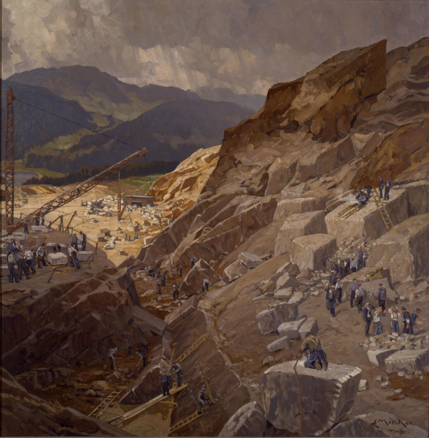 Gezeigt wird ein Gemälde, was die Arbeit im Steinbruch des KZ Flossenbürg zeigt. Im Hintergrund sieht man ein Waldstück. Links im Bild sieht man Männer, die große Steine transportieren sowie einen Kran. Rechts im Bild sieht man ebenfalls arbeitende Männer, die auf den Steinen stehen oder sitzen und auf besagten Steinen hämmern. In der Mitte des Bildes sieht man eine Art Grube, in welcher ebenfalls Männer arbeiten und auf Leitern stehend Steine transportieren.  