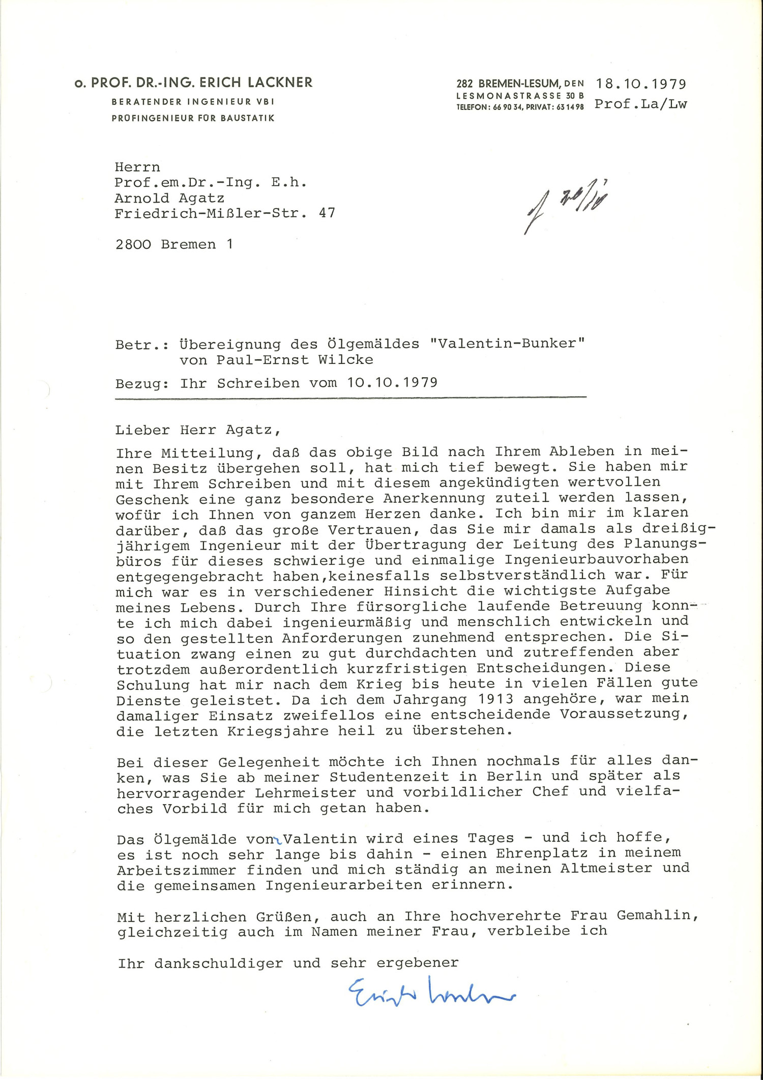 Abgebildet ist ein Dokument, geschrieben mit einer Schreibmaschine. Es wurde Bezug auf ein Schreiben vom 10.10.1979 genommen. Das gezeigte Dokument ist vom 18.10.1979 und wurde in Bremen-Lesum ausgestellt.  Weitere Informationen zum Bild finden Sie im Transkript des Bildes