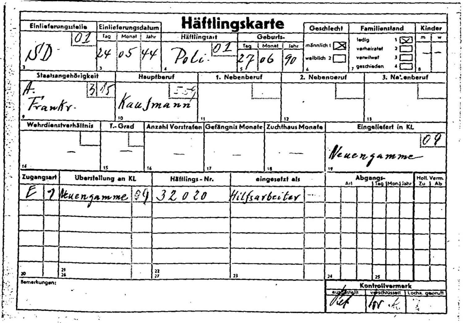 Gezeigt wird ein eingescanntes Dokument - es ist ein Formular, welches handschriftlich ausgefüllt worden ist.  Weitere Informationen zum Bild finden Sie im Transkript des Bildes