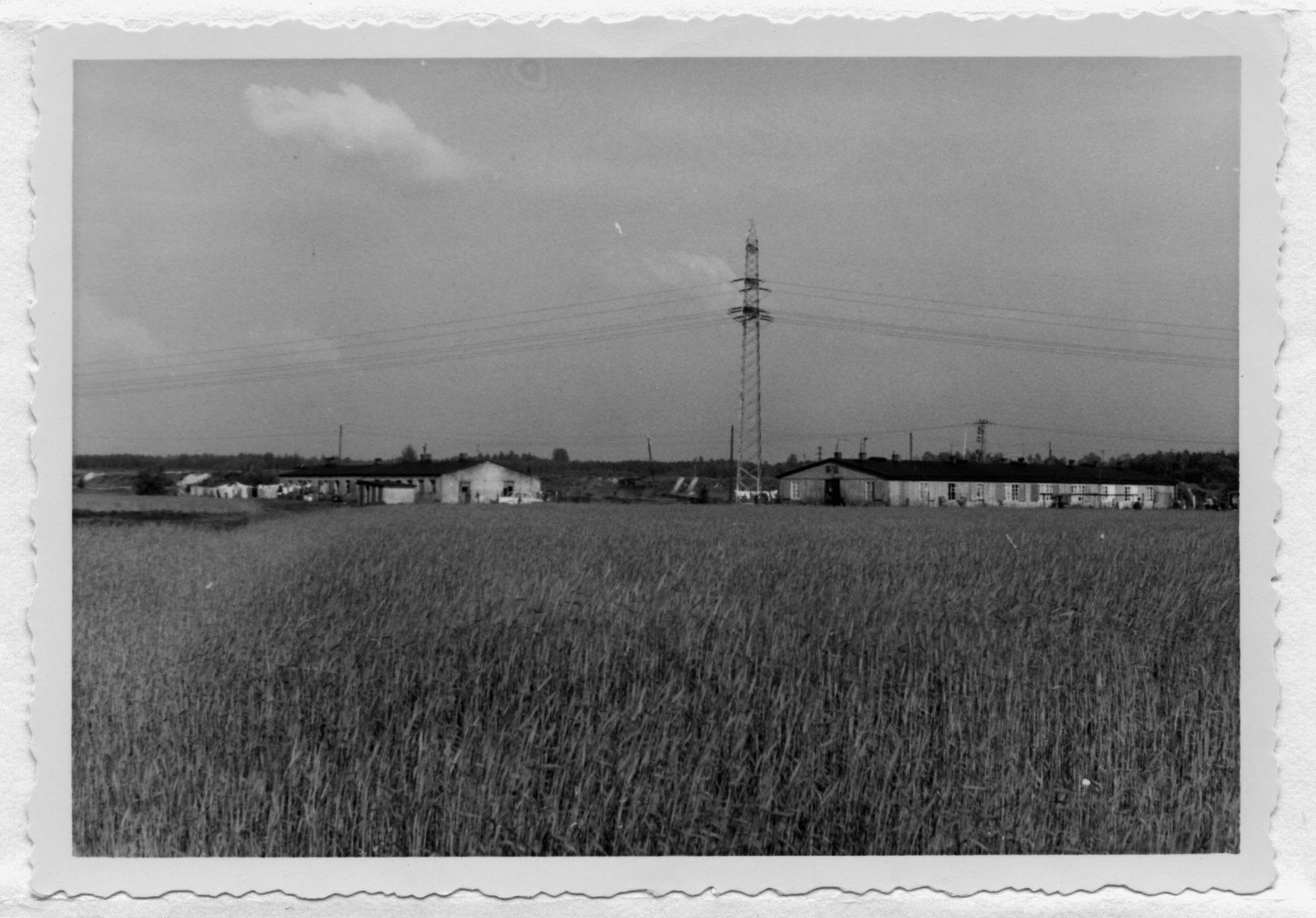 Abgebildet ist ein schwarz-weißes Bild, welches im Vordergrund ein Feld zeigt, während im Hintergrund Baracken sowie ein Strommast zu sehen sind.  