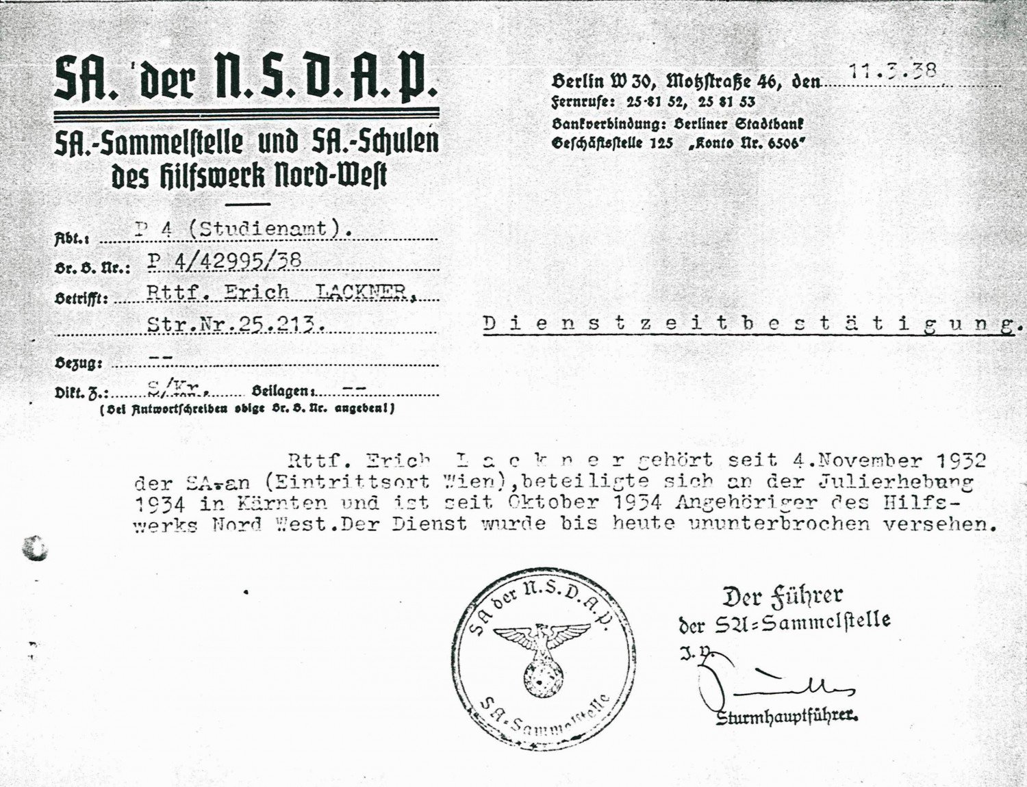 Gezeigt wird ein teils mit Schreibmaschine erstelltes, teils handschriftlich ausgefülltes Dokument.  Weitere Informationen zum Bild finden Sie im Transkript des Bildes