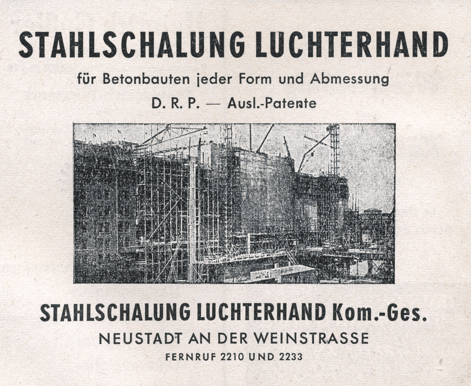 Gezeigt wird eine Zeitungsanzeige. Sie beinhaltet neben der Inschrift ein Foto von einem Bauwerk. Weitere Informationen zum Bild finden Sie im Transkript des Bildes