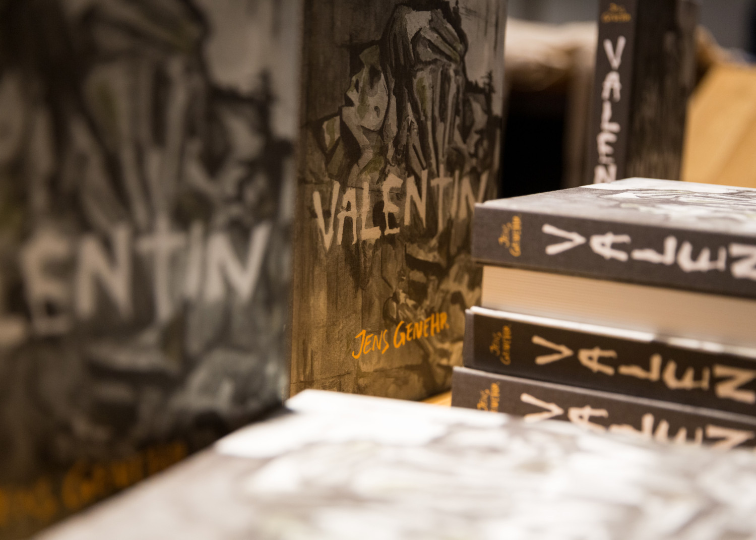 Gezeigt werden mehrere nah fotografierte Bücher, das Cover enthält eine im Comic-Stil gezeichnete Abbildung von KZ-Häftlingen.  