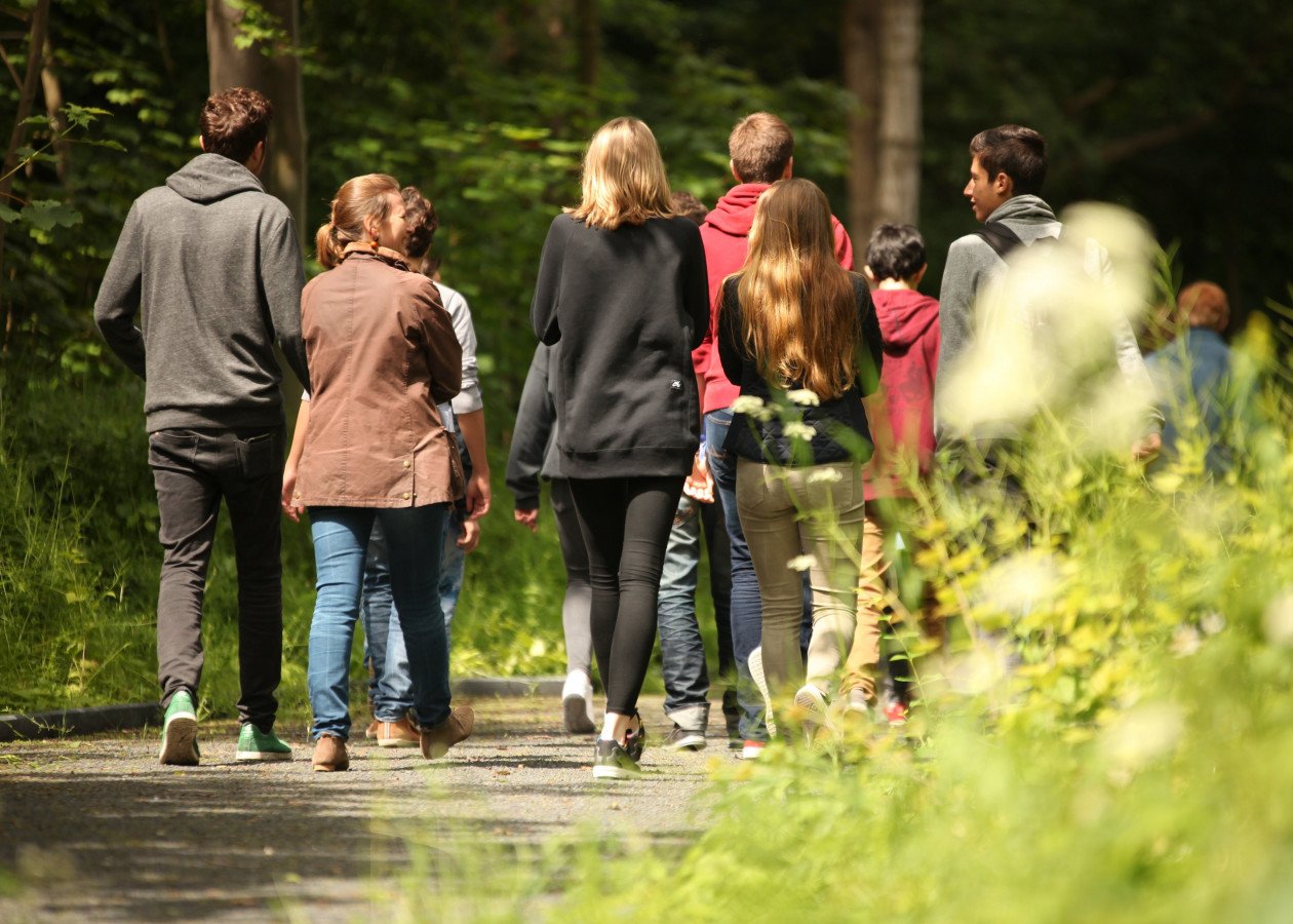 Teilnehmer:innen einer Führung gehen auf dem Rundweg.